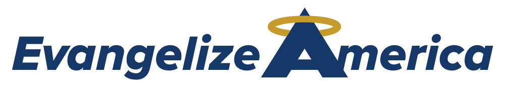 Logo with the words EVANGELIZE AMERICA and a circular emblem between them.